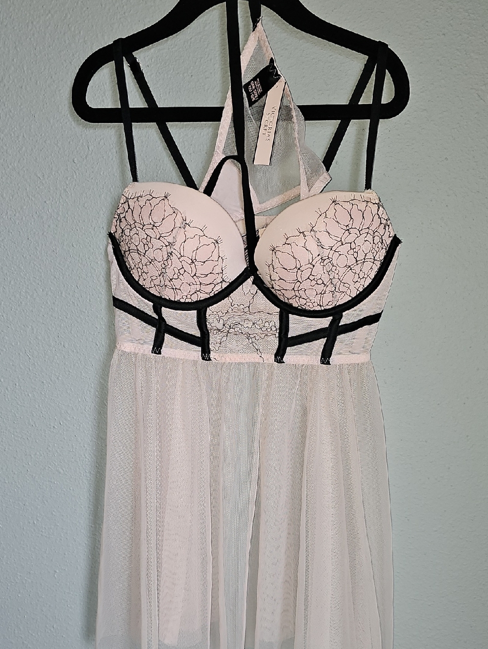 Push Up Pink Mesh Babydoll With Black Trim NWT 2 Piece Victoria Secret 34B